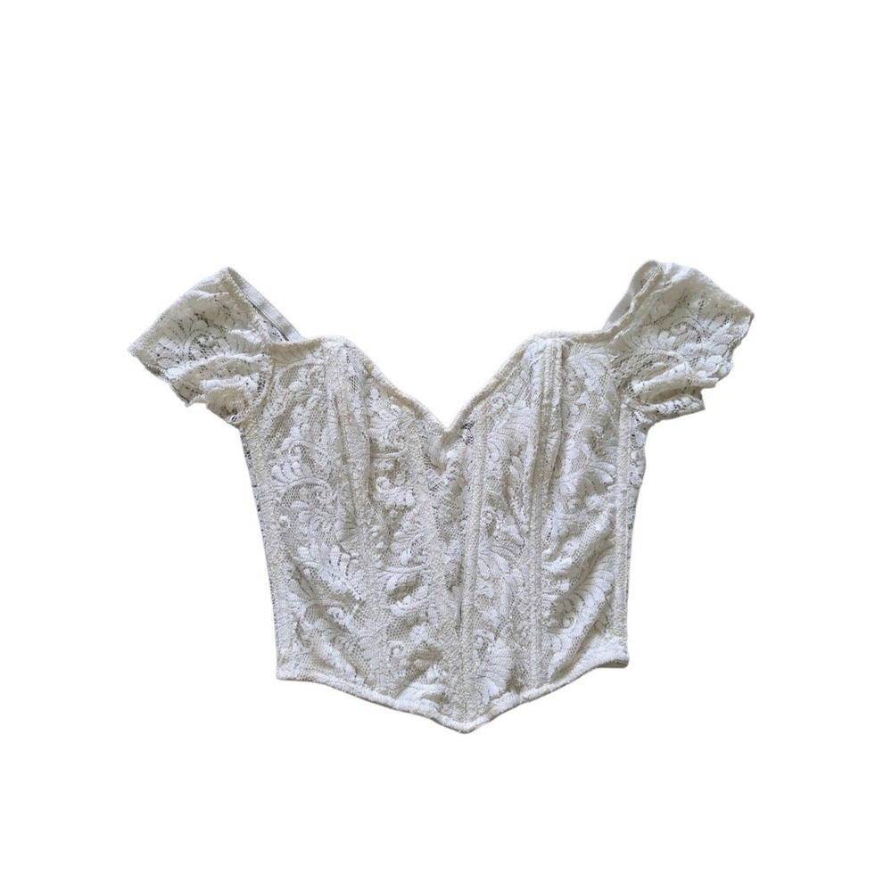 VTG Y2K On Gossamer Ivory Lace Corset Crop Top M Off Shoulder Boned Coquette